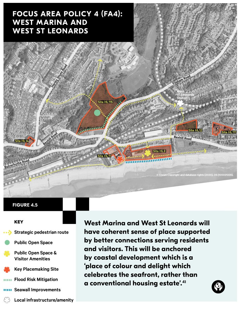 West Marina and West St Leonards will have coherent sense of place supported by better connections serving residents and visitors. This will be anchored by coastal development which is a 'place of colour and delight which celebrates the seafront, rather than a conventional housing estate'.