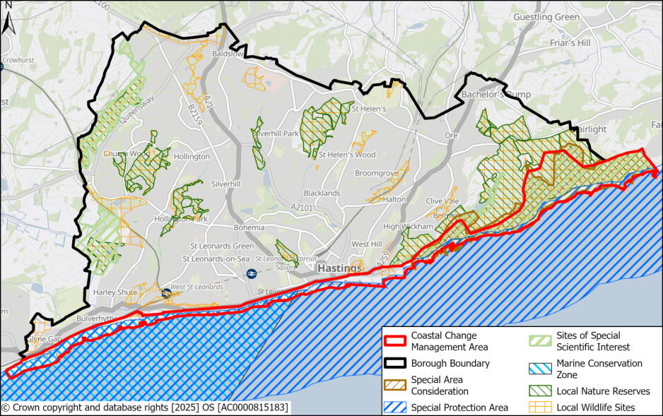 A map showing Hastings with various zones marked. The coastline is outlined in red for the Coastal Change Management Area and in blue for the Marine Conservation Zone. The borough boundary is in black. There are areas of Special Scientific Interest and Local Nature Reserves marked with green and green hatch patterns. Special Areas of Conservation are shaded with blue diagonal lines, while Local Wildlife Sites are indicated with orange hatch patterns. Additional zones marked for consideration are in orange hatch pattern, and Special Protection Areas are shaded in blue with diagonal lines.