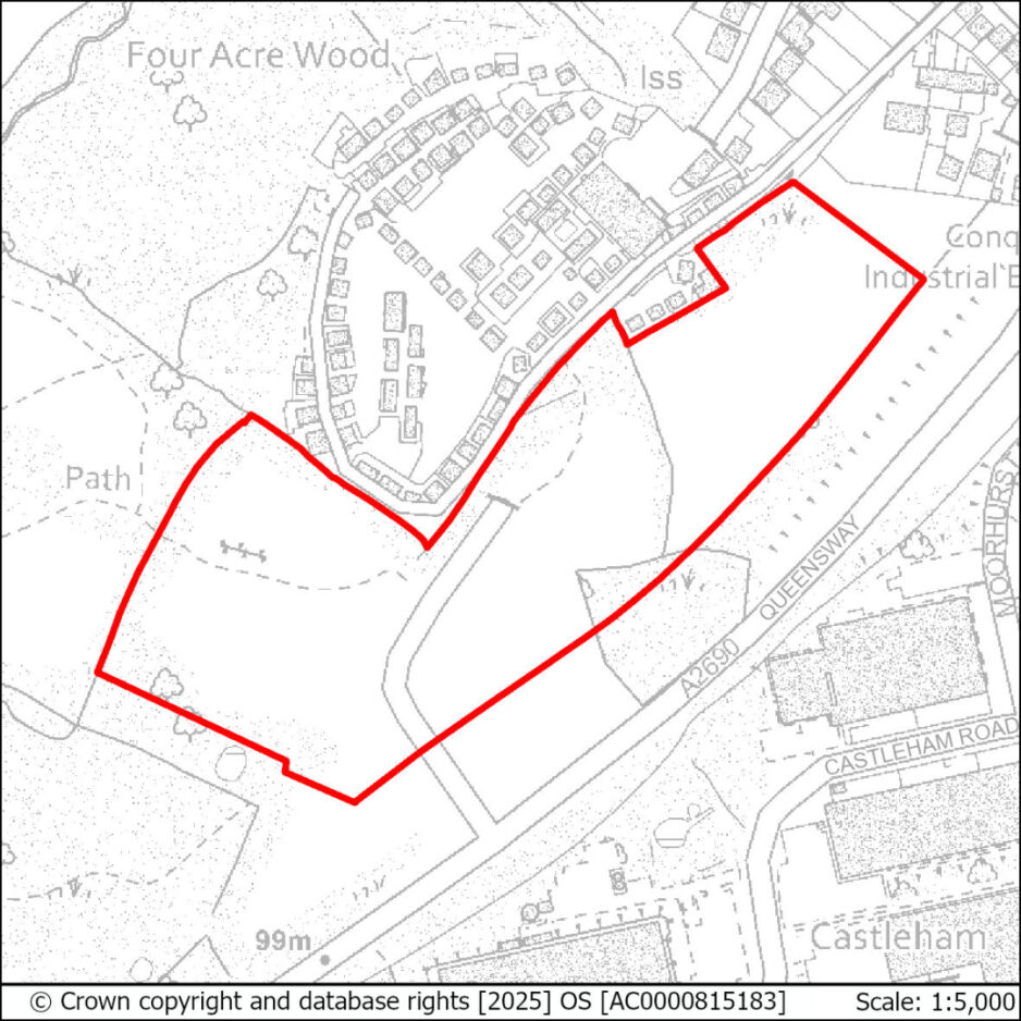 Outline of a plot of land with irregular shape, marked in red on a map, adjacent to roads labelled Queensway and Castleham Road, near a residential area named Four Acre Wood.