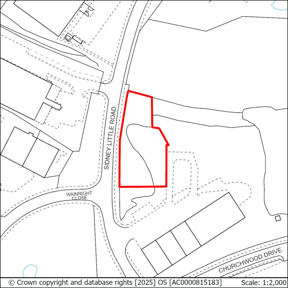 A plot outlined in red situated between Sidney Little Road and an open area, adjacent to a group of buildings and near Wainwright Close and Churchwood Drive.