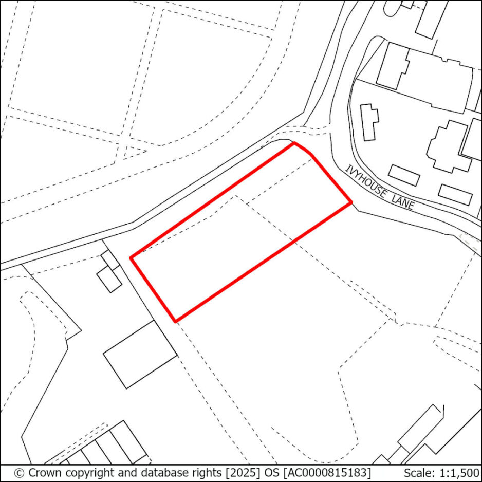 Plot of land outlined in red, located near Ivy House Lane, with adjacent residential buildings and open fields.