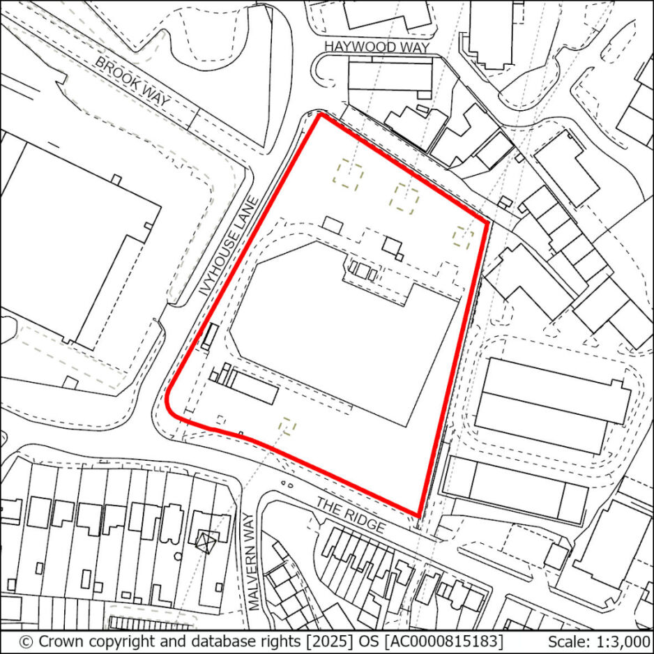 An outlined site marked in red on a black-and-white map, bordered by Lyhouse Lane to the west, The Ridge to the south, and residential areas with streets named Brook Way and Haywood Way to the north and east. The site contains several structures, including a large central building.