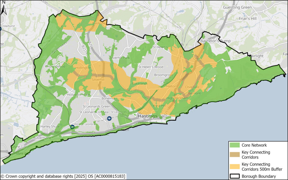 Map showing Hastings with different network zones: green for Core Network, yellow for Key Connecting Corridors and Buffers, and orange for Key Connecting Corridors within 500m buffer; black outline marks the borough boundary.