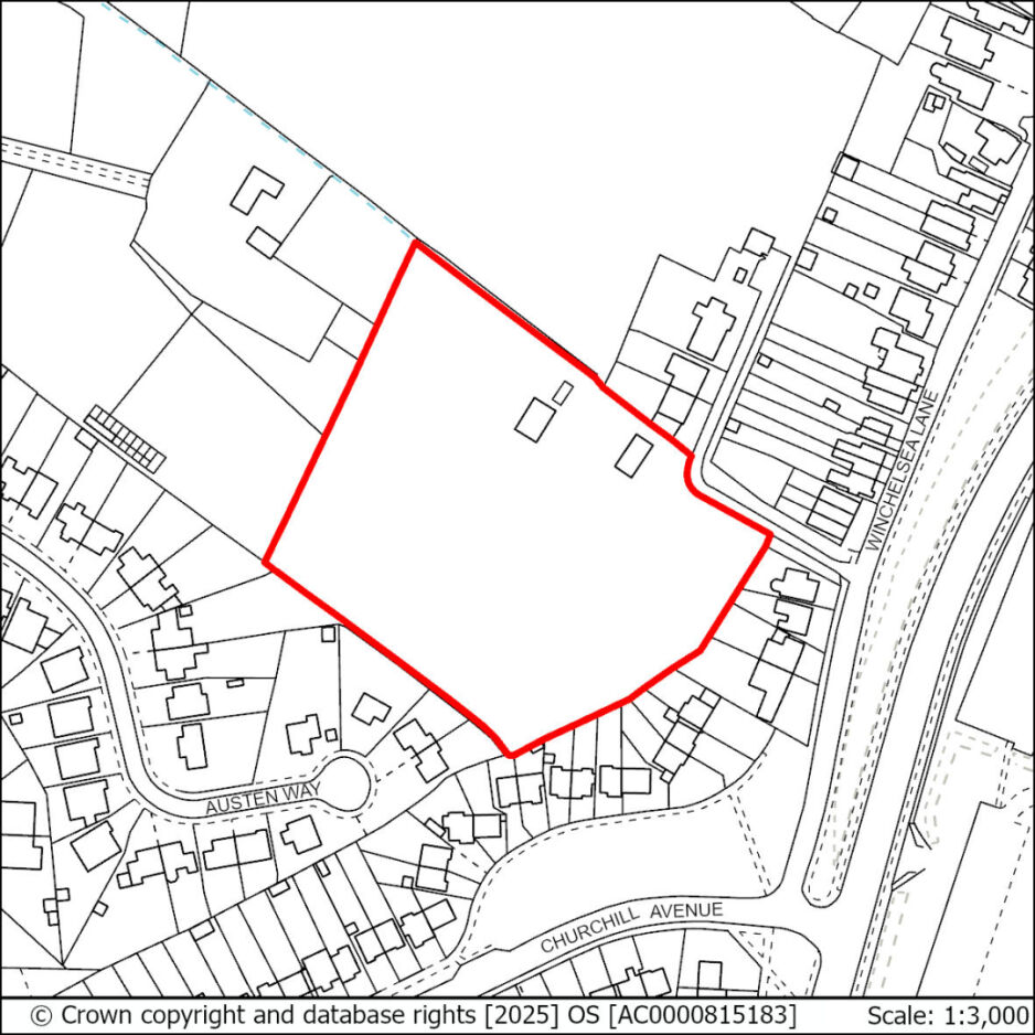 A plot of land outlined in red, bordered by residential streets and buildings, with surrounding roads and neighbourhood layout in black and white.