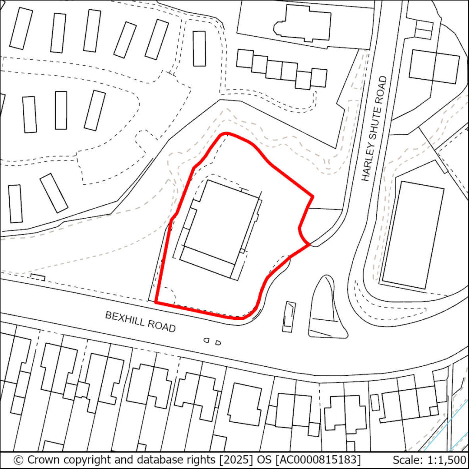 Outline of a property enclosed in a red line, situated between Bexhill Road and Harley Shute Road, with a building inside the outline and nearby streets and residential areas shown.