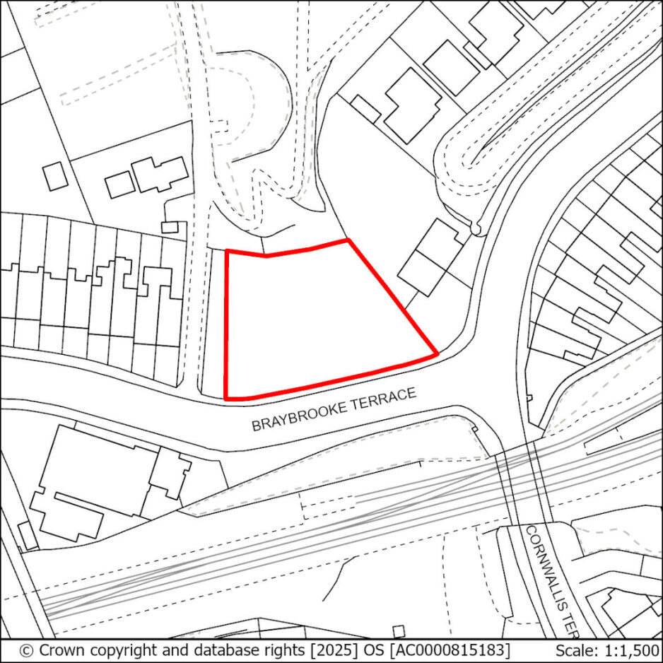 Outline of a plot of land highlighted in red on Braybrooke Terrace, with surrounding roads, railway lines, and neighbouring properties in a black and white map.