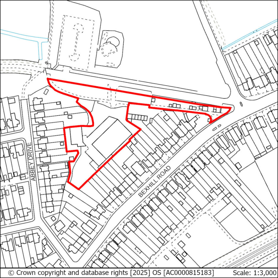 Outline of a property boundary highlighted in red, located near Bexhill Road and Abbey Drive, with surrounding residential buildings and a park area at the top.