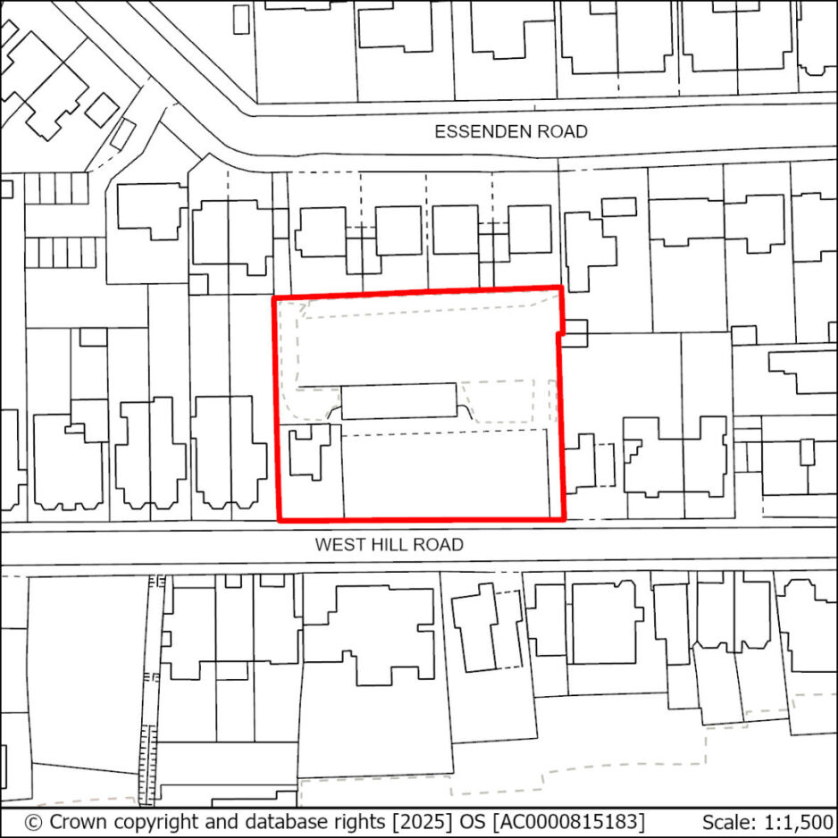 Outline map showing a property boundary marked in red, located between Essenden Road to the north and West Hill Road to the south, surrounded by neighbouring buildings and plots.