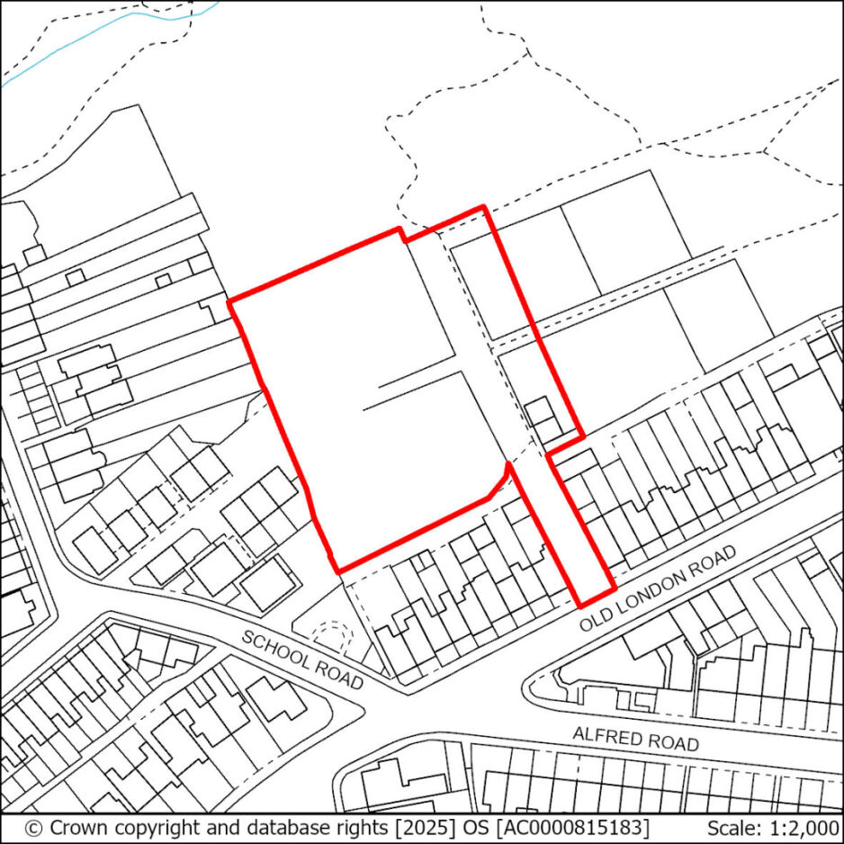 Outline of a property or land plot marked in red, situated between Old London Road and an internal road, with surrounding residential buildings and streets.