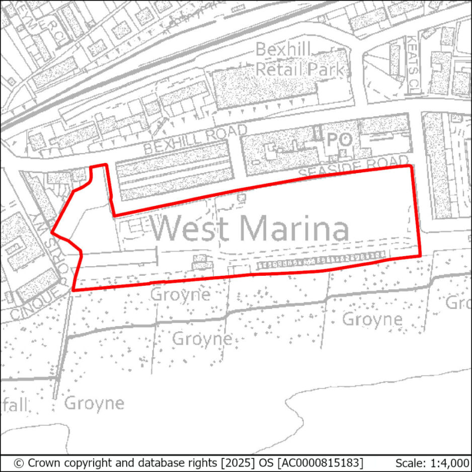 Area of West Marina outlined in red, showing surrounding streets and plots, including Bexhill Road and Sea Side Road, with nearby retail park and parking indicated.