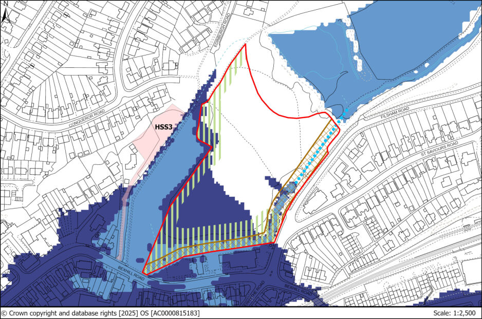 A detailed map showing a drainage or flood risk assessment area with various colour-coded zones, lines, and contours, including residential streets, water bodies, and infrastructure boundaries.