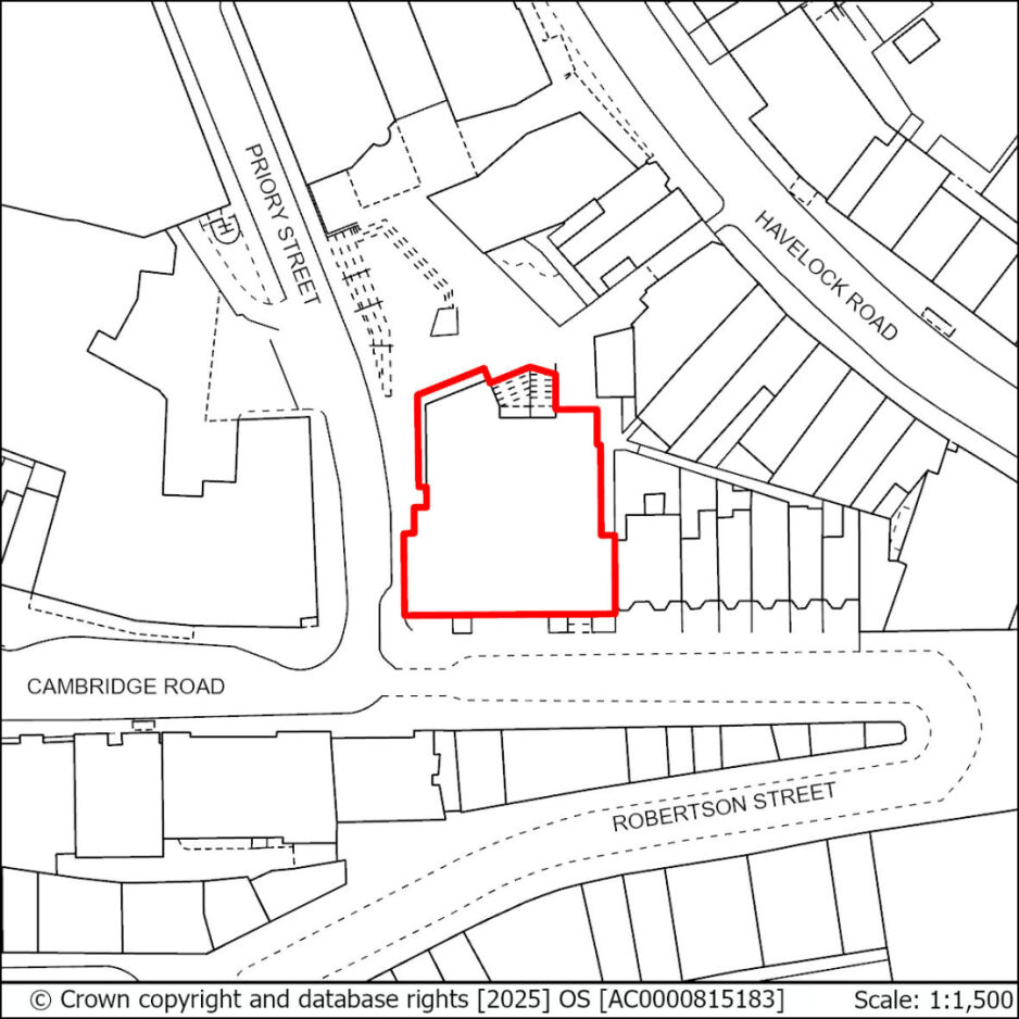 Outline of a building outlined in red on a map, located between Prior Street and Havelock Road, near Cambridge Road and Robertson Street.