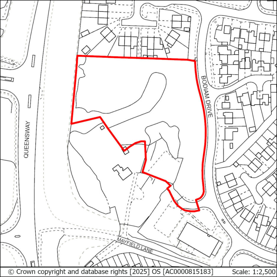 A land parcel outlined in red, with pathways and structures within, borders residential streets Bodiam Drive and Queensway, and adjacent to Mayfield Lane.