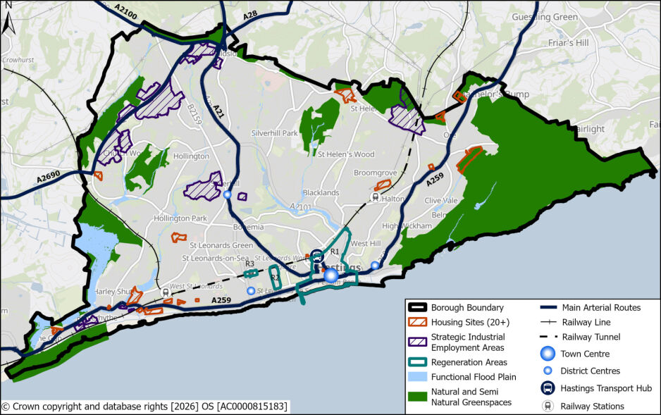 A map of a borough showing boundary in black, main arterial routes in dark blue, railway lines in black, railway tunnels in dashed black, key locations marked with blue circles, and various development and green space types. Notable features include housing sites, strategic industrial employment areas, regeneration areas, and natural greenspaces along the coast and inland.