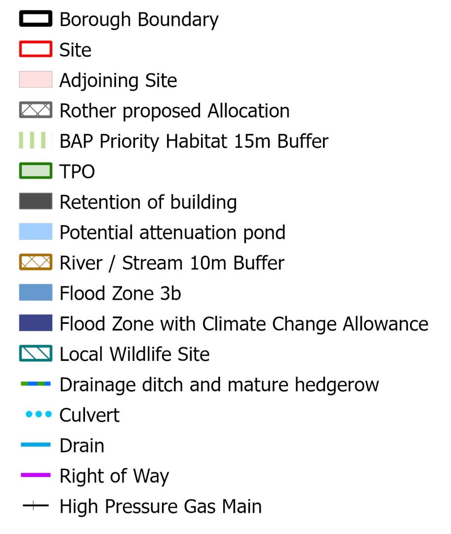 A map legend with symbols and labels for various geographical and development features, including borough boundary, site, adjoining site, proposed allocations, buffers, zones, wildlife site, drainage features, water bodies, pathways, and infrastructure elements.