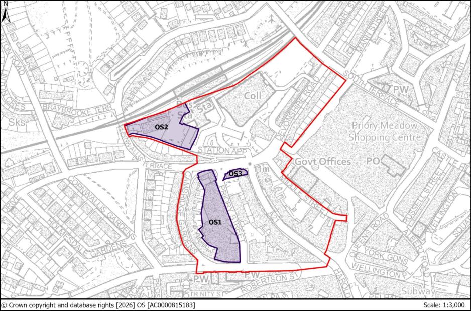 Map with outlined boundary in red, containing three shaded areas labelled OS1, OS2, and OS3.
