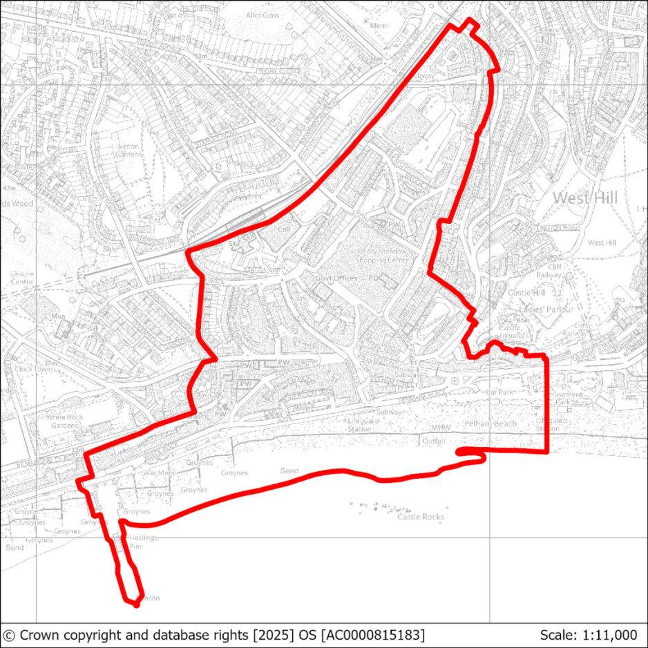 A map with a red line outlining a specific route or boundary across a coastal urban area, including streets, parks, and seaside features such as Groyne and Castle Rocks.