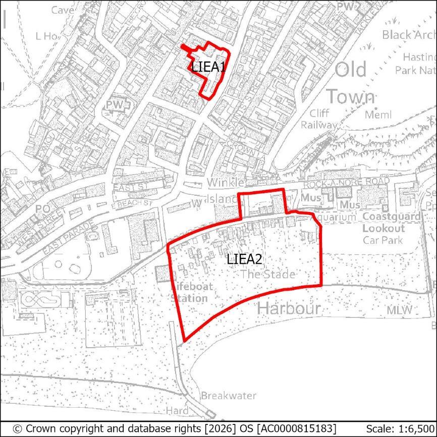Map showing two outlined areas labeled 'LEA1' in a residential neighbourhood and 'LEA2' near a harbour with a lighthouse and a boat station.