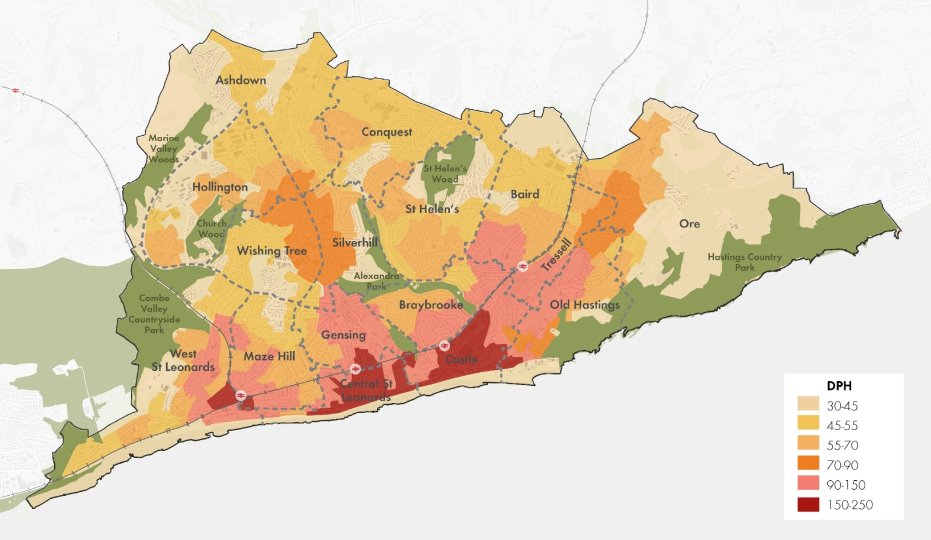 Indicative map of density zones.  This information is provided in full in the Densification and Capacity Study in accessible text format.