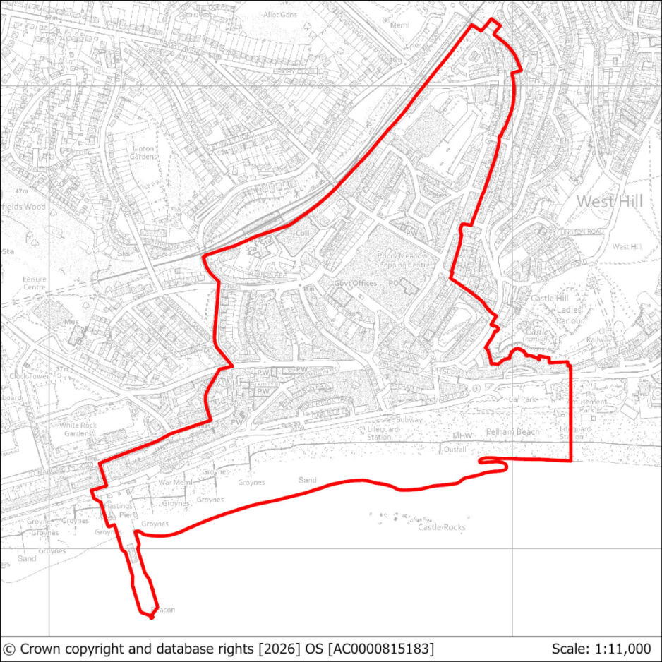 An image showing the extent of the Hastings Central Regeneration Area.
