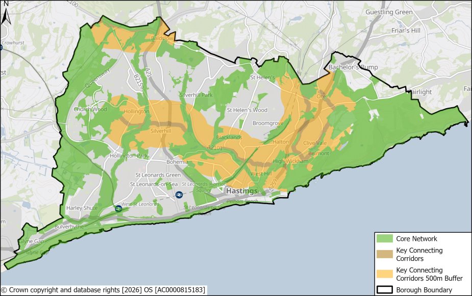 Image shows Hastings Green and Blue Infrastructure Indicative Core Network and Buffers